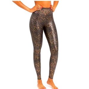 Spanx Faux Leather Leggings Metallic Leopard Print Size Medium Gold Brown